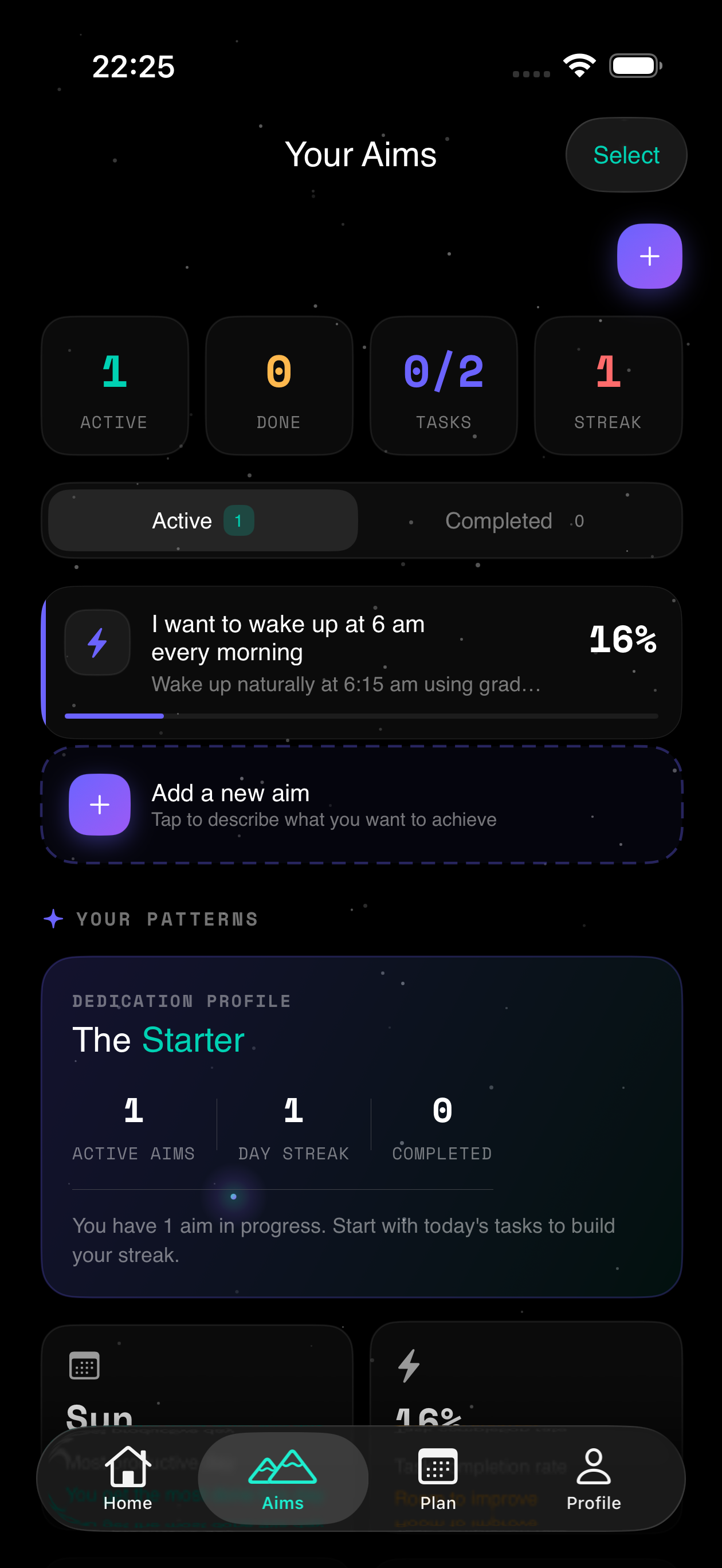 Your Aims dashboard with dedication profile and streak tracking