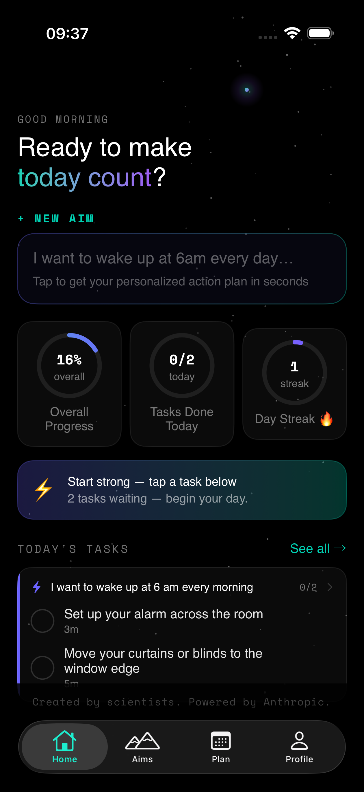 Aim AI goal planner app - home screen showing active goals and daily tasks