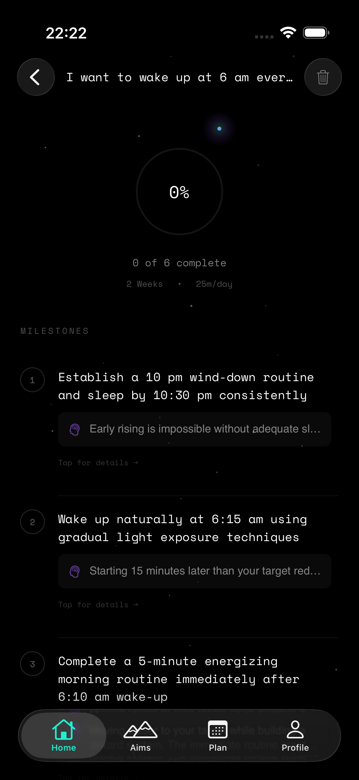 Track daily subtasks and milestone progress in Aim goal tracker