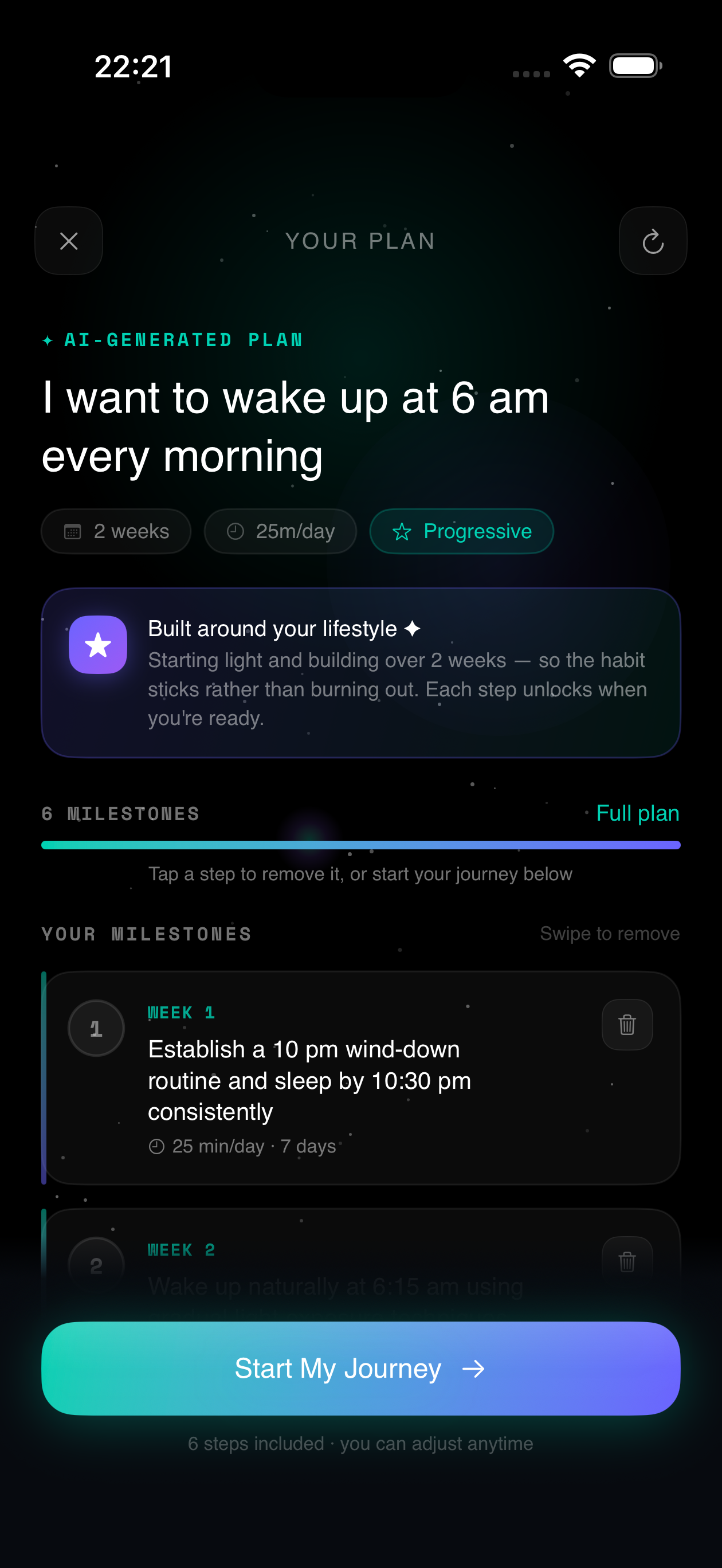 AI-generated milestone roadmap with structured timeline in Aim app
