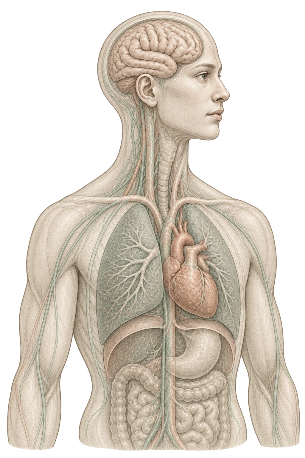 Editorial anatomical illustration of a person, with brain, lungs, heart and nervous system visible